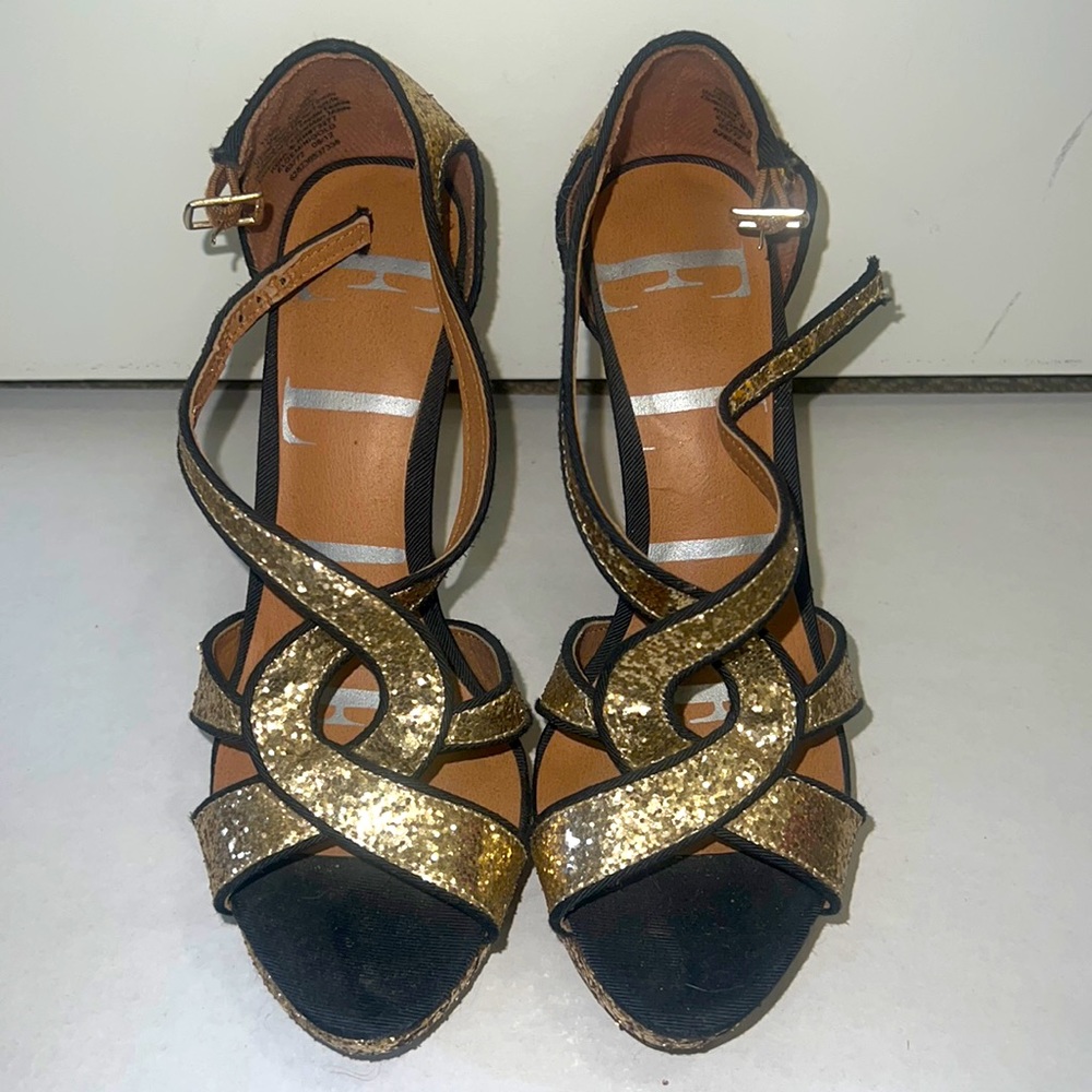EUC Gold Glitter 5” Open Toe Stilettos by Elle